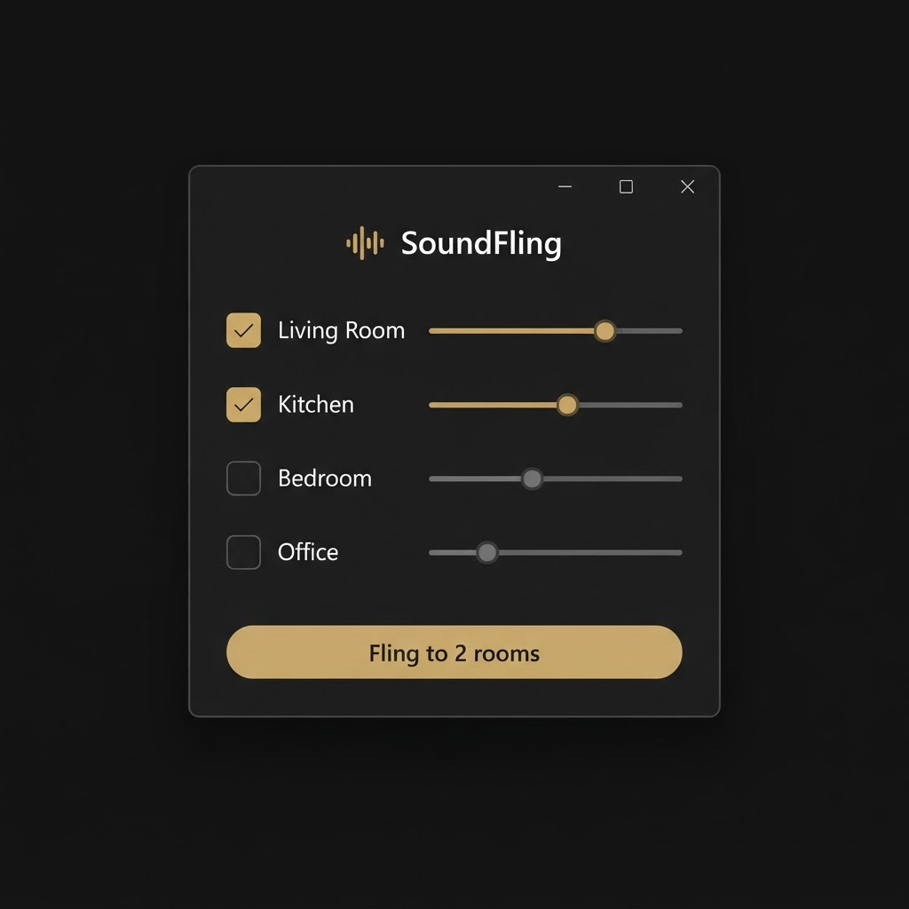 SoundFling system tray app showing a list of speaker rooms with checkboxes and per-room volume sliders
